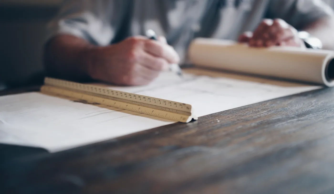 An architect reviewing drawings at a desk