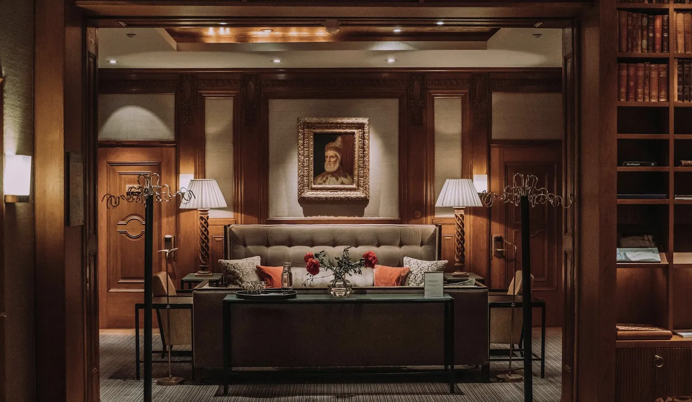 A furnished hospitality lounge