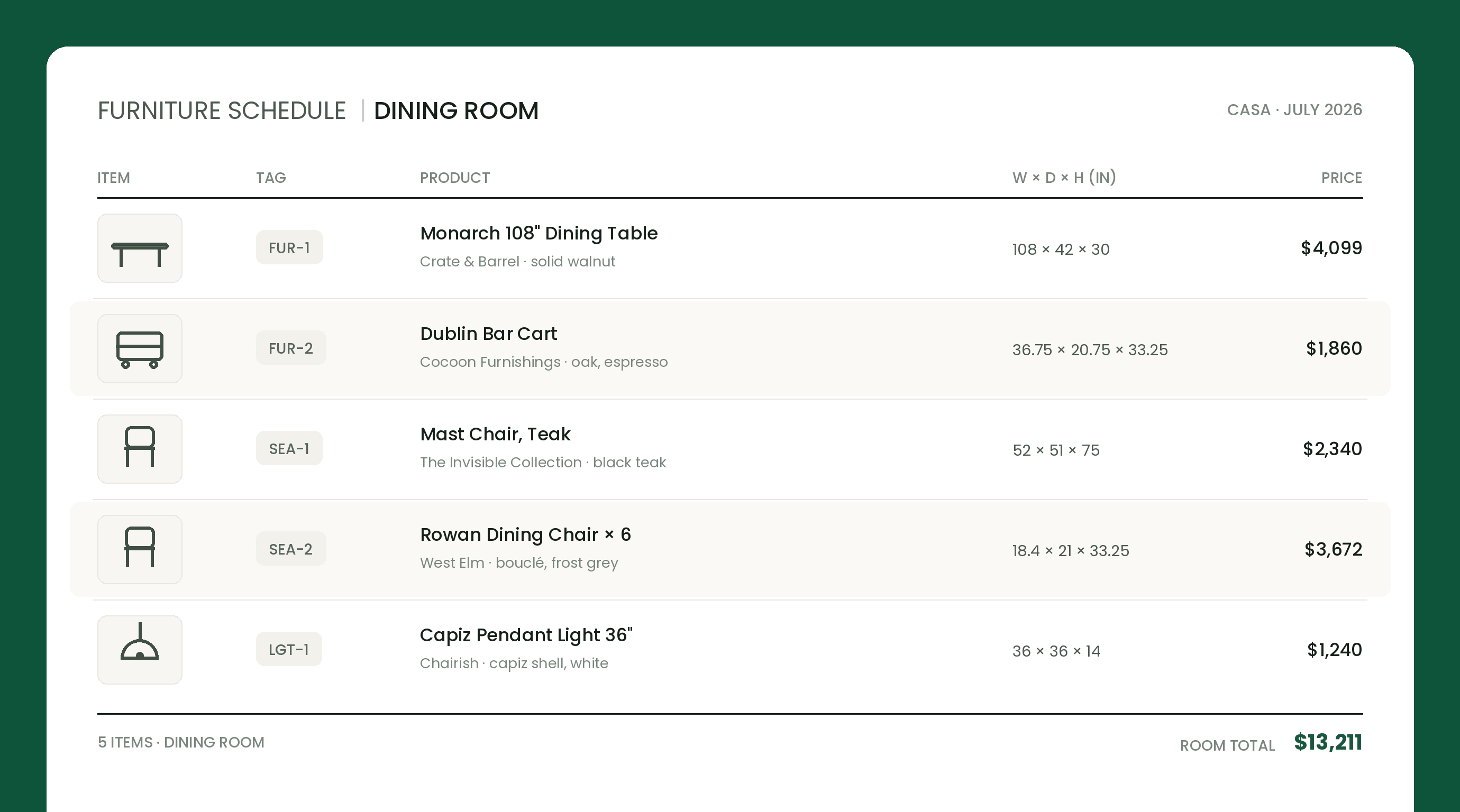 FF&E furniture schedule with item images, tags, vendors, materials and dimensions