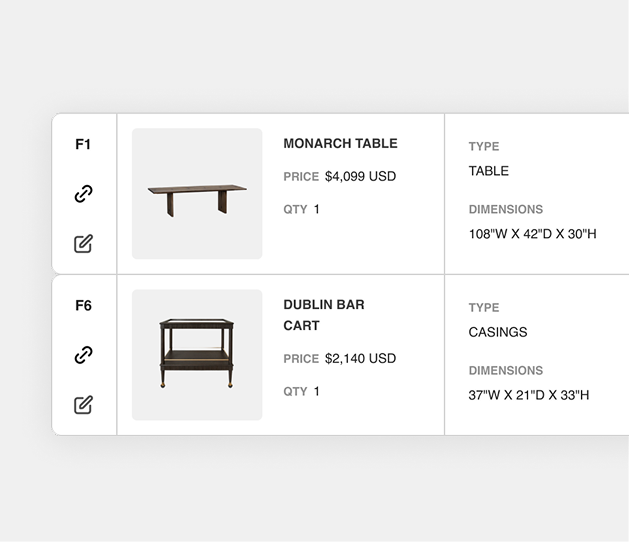 Casa AI extracting names, dimensions, prices, finishes and images